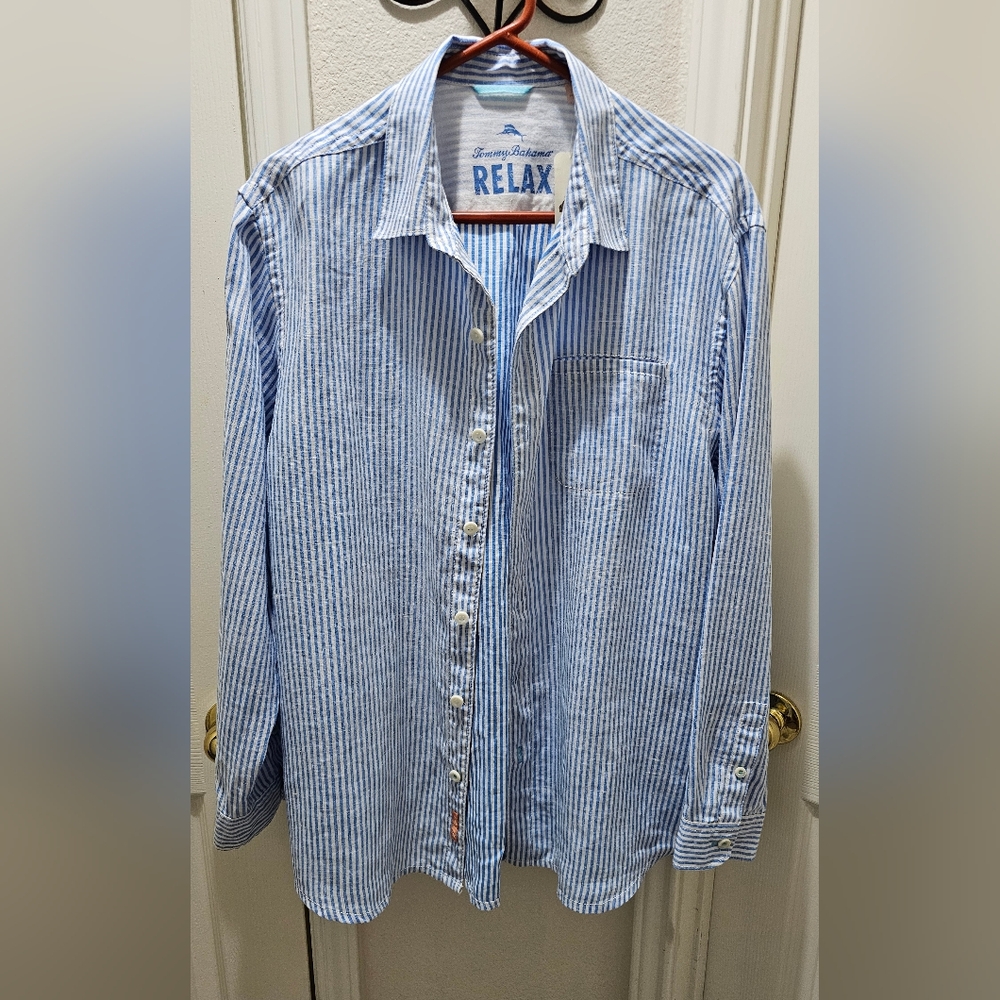 Tommy Bahama Relaxed Linen Blue Striped Men's Shirt Size Large NWT